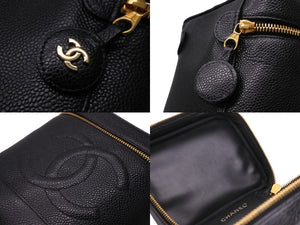 極美品 CHANEL シャネル 縦型 バニティ バッグ キャビアスキン ブラック ハンドバッグ ココマーク ポーチ ゴールド金具 中古 55924