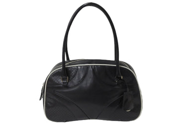 PRADA プラダ パンチング ハンドバッグ ボストンバッグ B10524 VITELLO DRIVE レザー ブラック ホワイト シルバー 美品 中古 55935 