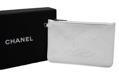 CHANEL シャネル ポーチ コインケース ココマーク 9番台 シリアルシール レザー ホワイト ピンク シルバー金具 美品 中古 55972