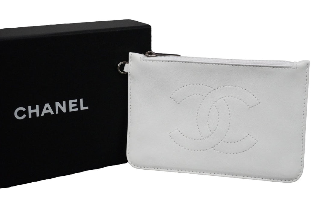 CHANEL シャネル ポーチ コインケース ココマーク 9番台 シリアルシール レザー ホワイト ピンク シルバー金具 美品 中古 55972