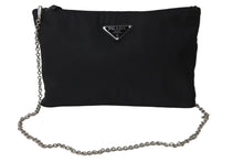 画像をギャラリービューアに読み込む, PRADA プラダショルダーバッグ 1BF081 ブラックロゴ シルバーチェーン ナイロン レザー 美品 中古 56077 