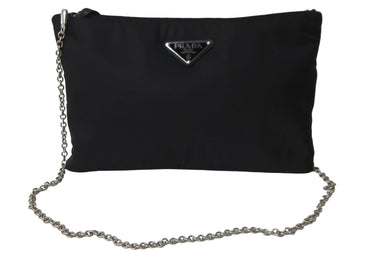 PRADA プラダ ショルダーバッグ 1BF081 ブラック ロゴ シルバーチェーン ナイロン レザー 美品 中古 56077