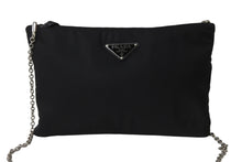 画像をギャラリービューアに読み込む, PRADA プラダショルダーバッグ 1BF081 ブラックロゴ シルバーチェーン ナイロン レザー 美品 中古 56077 