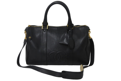 CHANEL シャネル 2WAYボストンバッグ ココマーク チャーム キャビアスキン 3番台 1995年 ブラック ゴールド金具 美品 中古 56111