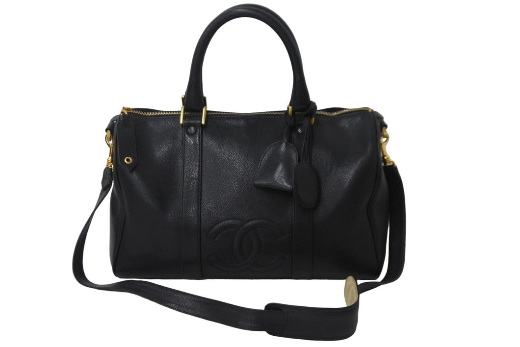 CHANEL シャネル 2WAYボストンバッグ ココマーク チャーム キャビアスキン 3番台 1995年 ブラック ゴールド金具 美品 中古 56111