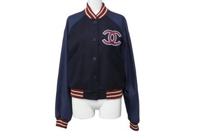 極美品 CHANEL シャネル ブルゾン ネイビー ウール カーフスキン 36 P23442W033353 ベースボール 中古 56135