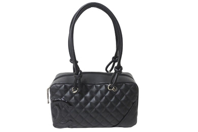 CHANEL シャネル カンボンライン ボーリング ハンドバッグ ココマーク 14番台 ブラック ラムスキン シルバー金具 美品 中古 56144