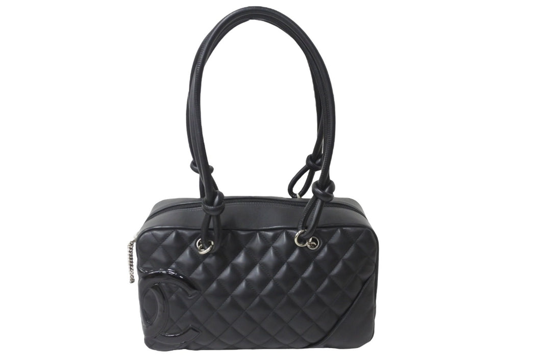 CHANEL シャネル カンボンライン ボーリング ハンドバッグ ココマーク 14番台 ブラック ラムスキン シルバー金具 美品 中古 56144
