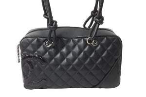 CHANEL シャネル カンボンライン ボーリング ハンドバッグ ココマーク 14番台 ブラック ラムスキン シルバー金具 美品 中古 56144
