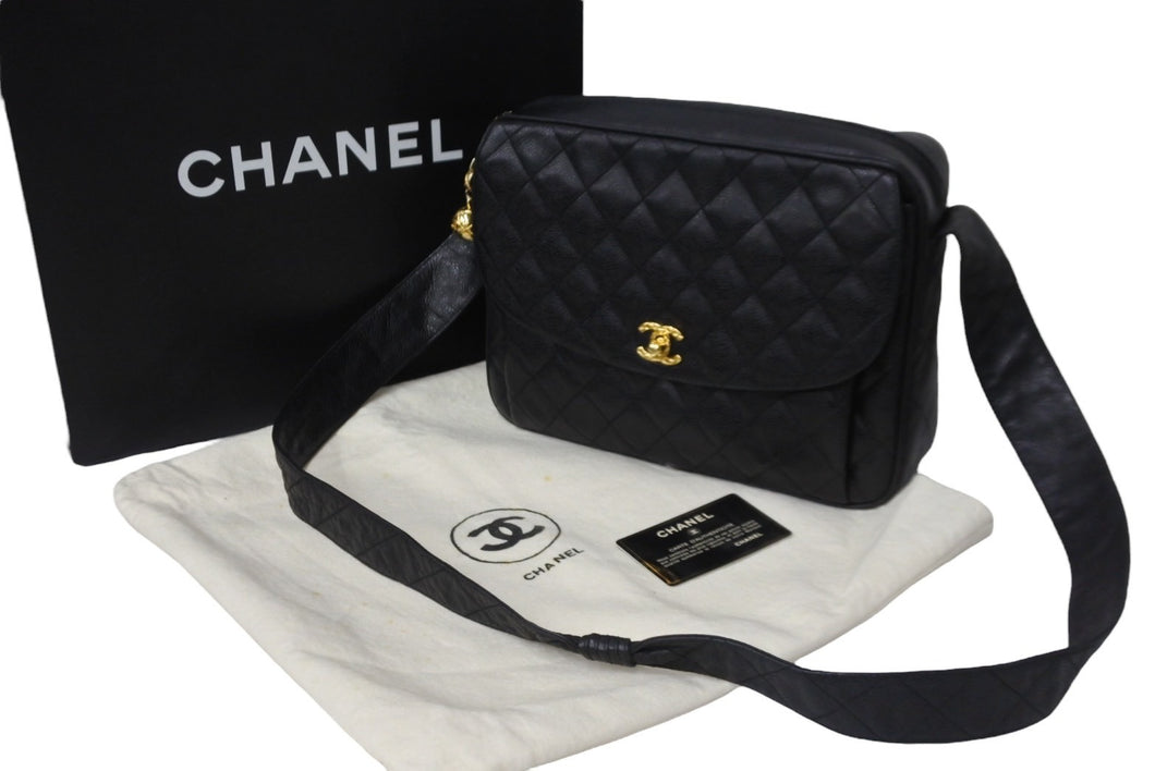 CHANEL シャネル ショルダーバッグ マトラッセ 2番台 ココマーク ココボール ブラック キャビアスキン ゴールド 美品 中古 56146
