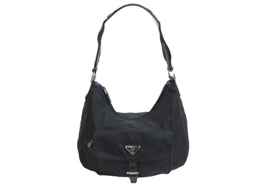 PRADA プラダショルダーバッグ ホーボー トライアングルロゴ ナイロン レザー ブラック シルバー金具 良品 中古 56175 