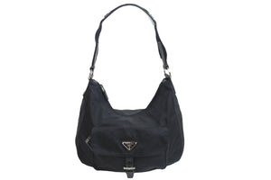 PRADA プラダショルダーバッグ ホーボー トライアングルロゴ ナイロン レザー ブラック シルバー金具 良品 中古 56175 