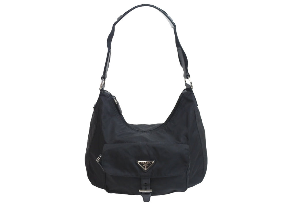 PRADA プラダショルダーバッグ ホーボー トライアングルロゴ ナイロン レザー ブラック シルバー金具 良品 中古 56175 