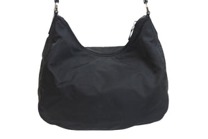 PRADA プラダショルダーバッグ ホーボー トライアングルロゴ ナイロン レザー ブラック シルバー金具 良品 中古 56175 
