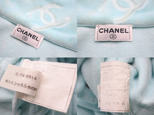 CHANEL シャネル ヴィンテージ ボタン半袖Ｔシャツ ベロア ココマーク 総柄 スカイブルー サイズ38 美品 中古 56200