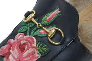 GUCCI グッチ ローファー プリンスタウン ピンクローズ フラワー刺繍 ファー ブラック 美品 中古 56221