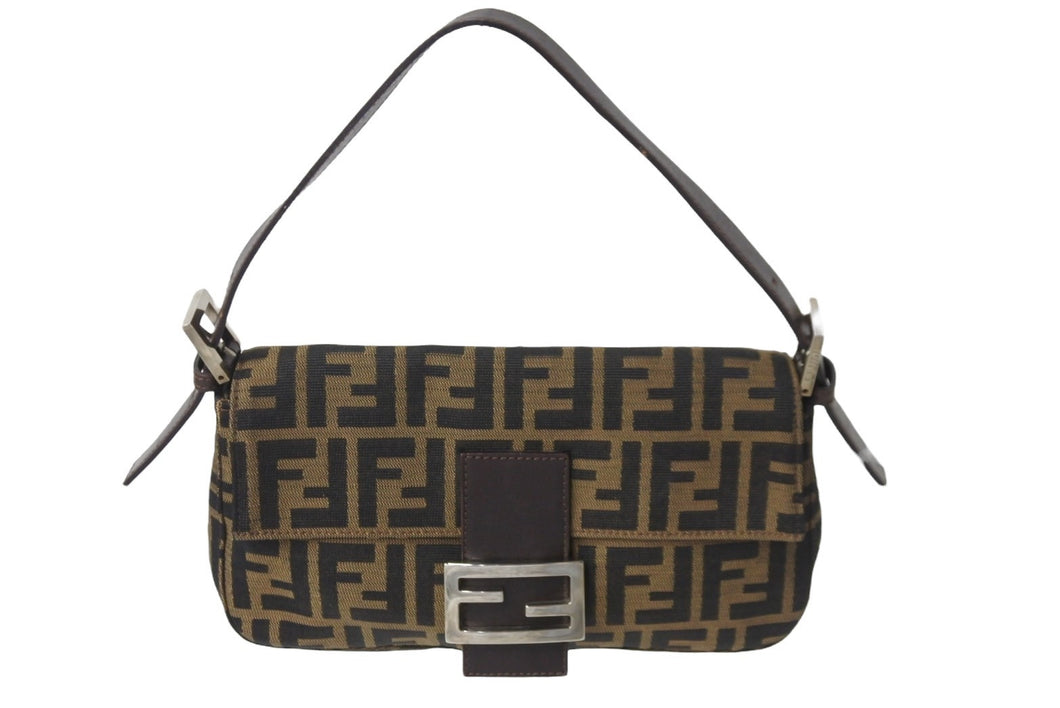 FENDI フェンディ ワンショルダーバッグ ズッカ柄 マンマバケット キャンバス レザー ブラウン シルバー金具 美品 中古 56229