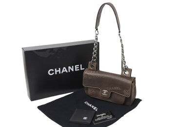 極美品 CHANEL シャネル ハンドバッグ チェーンショルダー 2003年限定 8番台 ブラウン カーフ シルバー金具 中古 56243