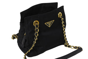 PRADA プラダ トートバッグ チェーンショルダー B4418 ブラック ゴールド金具 美品 中古 56324 