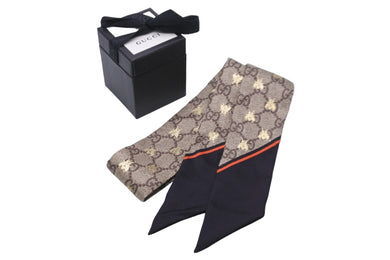 GUCCI グッチ スカーフ ネックボウ GG ビー シルク ブラック ブラウン 623140 3G001 4274 美品 中古 56340 