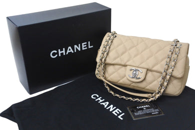 CHANEL シャネル チェーンショルダーバッグ マトラッセ キャビアスキン シングル 18番台 ベージュ シルバー金具 美品 中古 56372
