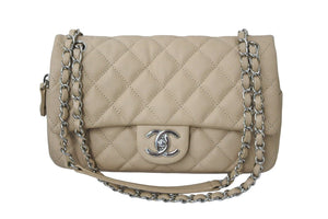CHANEL シャネル チェーンショルダーバッグ マトラッセ キャビアスキン シングル 18番台 ベージュ シルバー金具 美品 中古 56372