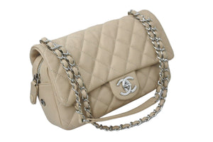 CHANEL シャネル チェーンショルダーバッグ マトラッセ キャビアスキン シングル 18番台 ベージュ シルバー金具 美品 中古 56372
