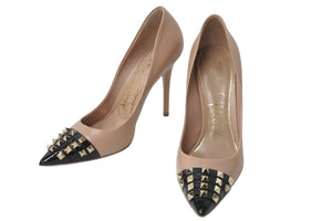Valentino ヴァレンチノ パンプス ベージュ ブラック ポインテッドトゥ ゴールド金具 レザー 38 美品 中古 56398