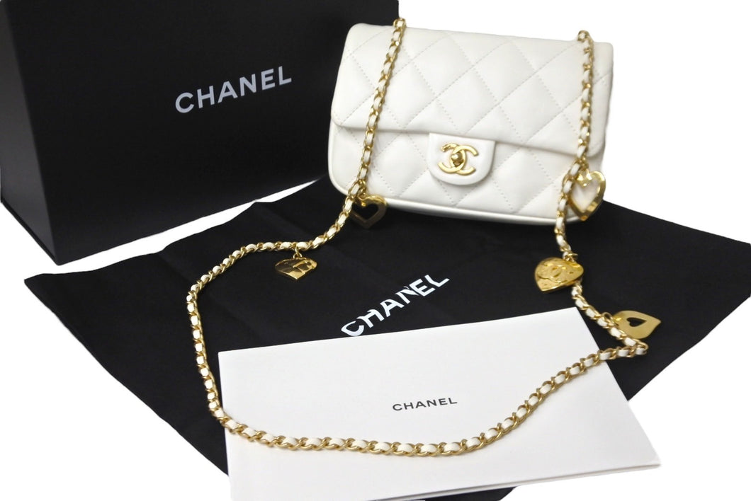 極美品 CHANEL シャネル ハートチャームチェーンショルダーバッグ ランダムシリアル AS3456 ホワイト ゴールド金具 中古 56468