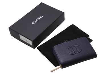 極美品 CHANEL シャネル コインケース ココマーク A68890 ラウンドファスナー 26番台 2018年 キャビアスキン ネイビー 中古 56512