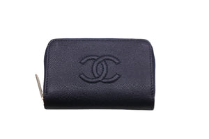 極美品 CHANEL シャネル コインケース ココマーク A68890 ラウンドファスナー 26番台 2018年 キャビアスキン ネイビー 中古 56512