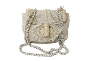 PRADA プラダ ショルダーバッグ ポシェット フリンジ チェーン デニムキャンバス BR4680 ベージュ シルバー金具 美品 中古 56517