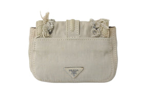 PRADA プラダ ショルダーバッグ ポシェット フリンジ チェーン デニムキャンバス BR4680 ベージュ シルバー金具 美品 中古 56517