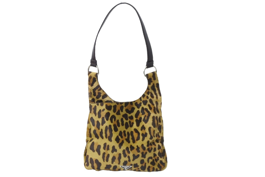 PRADA プラダ ハンドバッグ ワンショルダー レオパード柄 ブラウン ハラコ ファー 中古美品 56518 