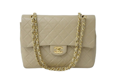 CHANEL シャネル Wフラップショルダーバッグ ラムスキン 0番台 中マトラッセ ゴールド金具 ベージュ 中古 56542