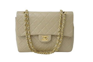 CHANEL シャネル Wフラップショルダーバッグ ラムスキン 0番台 中マトラッセ ゴールド金具 ベージュ 中古 56542