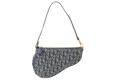 Christian Dior クリスチャンディオール トロッターハンドバッグ ポーチ MC1021 ネイビー ベージュ ゴールド金具 良品 中古 56626