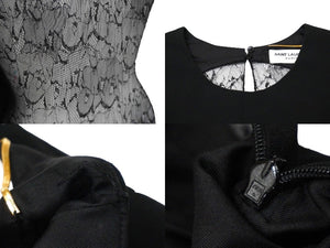 SAINT LAURENT サンローラン 長袖ワンピース レース 38 アセテート レーヨン ブラック ゴールド金具 美品 中古 56648 