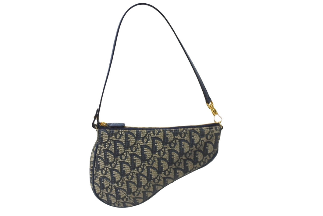Christian Dior クリスチャンディオール トロッター サドル ポーチ ネイビー ロゴ ハンドバッグ 鞄 総柄 MC0071 美品 中古 56711