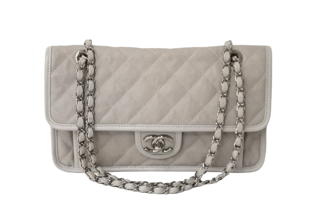 CHANEL シャネル チェーンショルダーバッグ 19番台 フレンチ リビエラ キャビアスキン グレー シルバー金具 良品 中古 56756