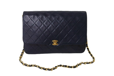 CHANEL シャネル ショルダーバッグ マトラッセ シングルフラップ 0番台 レザー ネイビー ゴールド金具 美品 中古 56758