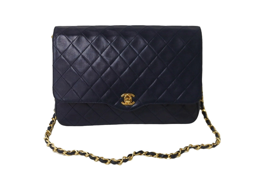 CHANEL シャネル ショルダーバッグ マトラッセ シングルフラップ 0番台 レザー ネイビー ゴールド金具 美品 中古 56758