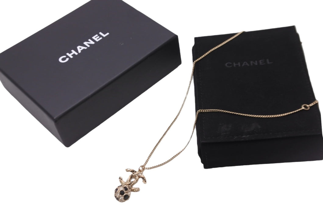 極美品 CHANEL シャネル ネックレス B19刻印 ココマーク ぶら下がり ボール ラインストーン ゴールド ブラック 中古 56766