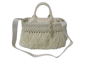 極美品 PRADA プラダ 2WAY ハンドバッグ 1BG089 キャンバス ラフィア カゴ ストロー ホワイト ゴールド金具 中古 56860 