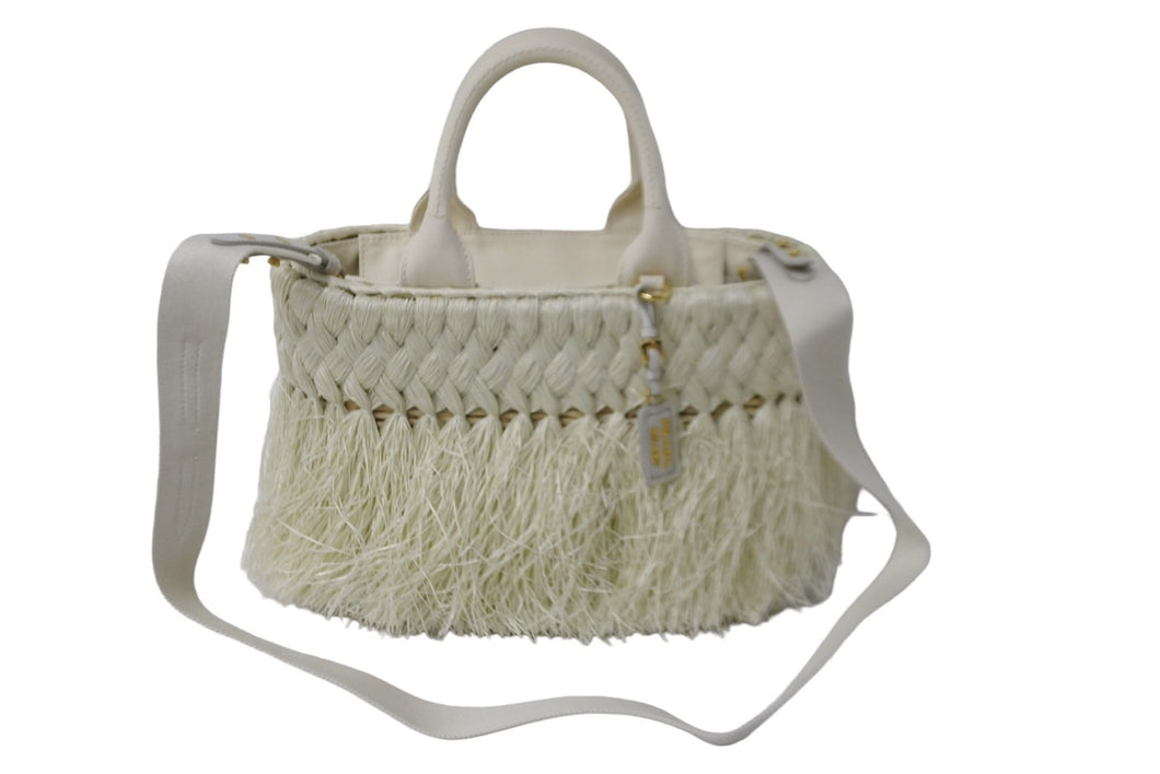 極美品 PRADA プラダ 2WAY ハンドバッグ 1BG089 キャンバス ラフィア カゴ ストロー ホワイト ゴールド金具 中古 56860 