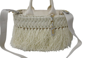 極美品 PRADA プラダ 2WAY ハンドバッグ 1BG089 キャンバス ラフィア カゴ ストロー ホワイト ゴールド金具 中古 56860 