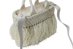 極美品 PRADA プラダ 2WAY ハンドバッグ 1BG089 キャンバス ラフィア カゴ ストロー ホワイト ゴールド金具 中古 56860 