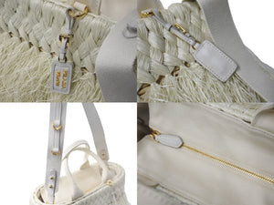 極美品 PRADA プラダ 2WAY ハンドバッグ 1BG089 キャンバス ラフィア カゴ ストロー ホワイト ゴールド金具 中古 56860 