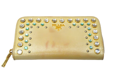 PRADA プラダ 財布 ラウンドファスナー長財布 ビジュー ラインストーン エナメル ベージュ ゴールド金具 中古 56866 
