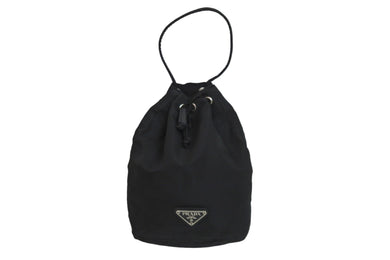 PRADA プラダ ポーチ ポシェット 巾着 トライアングルロゴ ナイロン ブラック シルバー金具 美品 中古 56901